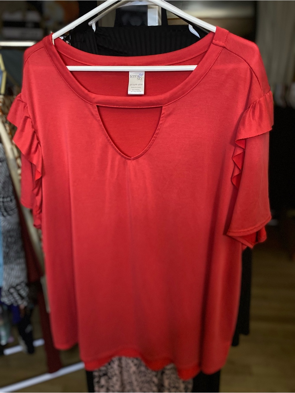 Terra & Sky Red Ruffle Short-Sleeve Keyhole Top